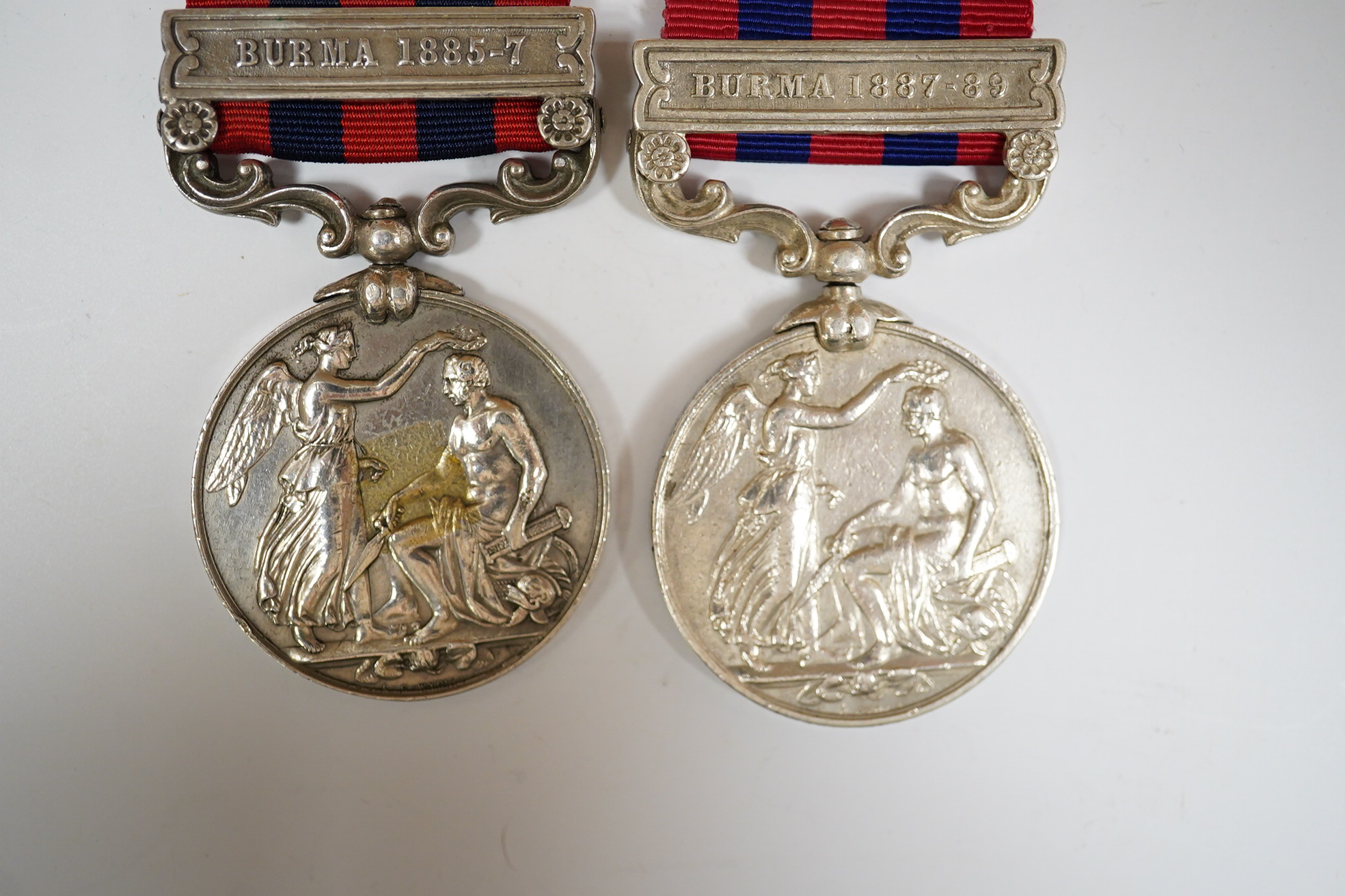 An India General Service Medal with Burma 1887-89 clasp Indian recipient, naming indistinct and another with Burma 1885-87 clasp to 15 Pte Mahomed Khan Milty Police